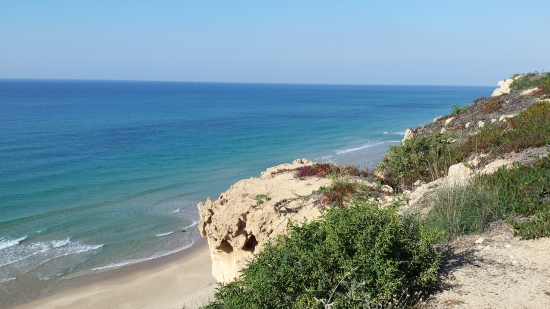 A photo of a shoreline on the Mediterranean: sandy beach, rocky outcrops, scrubby green plants, and brilliant blue water and sky.